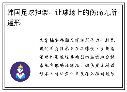 韩国足球担架：让球场上的伤痛无所遁形
